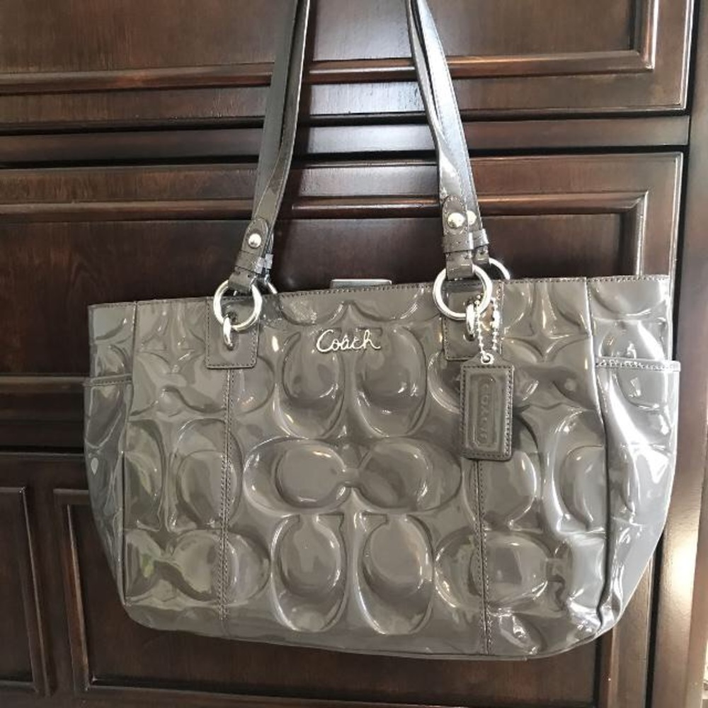 Coach patent leather grey tote bag